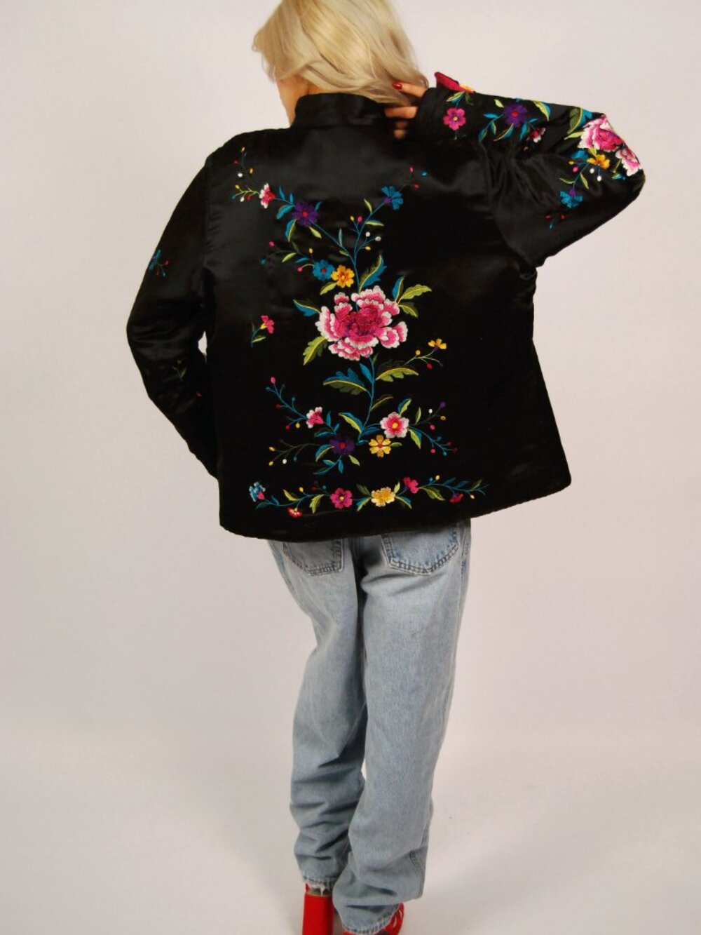 90s Silk Sukajan Jacket (M) medium black vintage womens embroidered chinese art - Picture 3 of 10